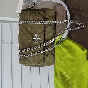 Tory Burch Khaki Suede Shoulder Bag with Silver Chain NWT